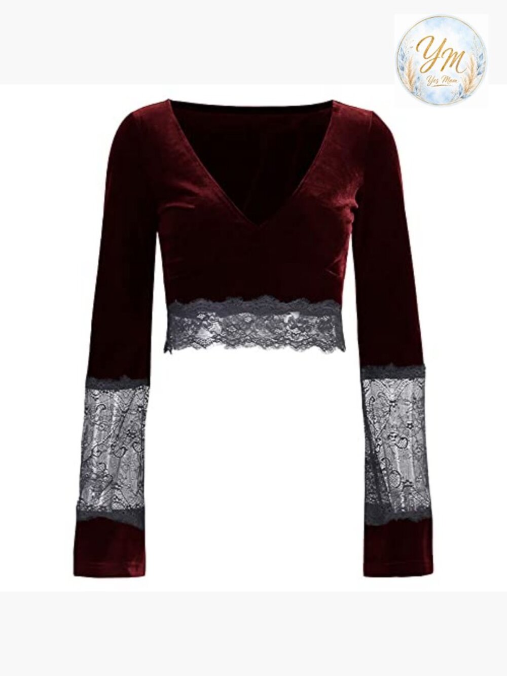 Gothic Velvet Lace Patchwork Crop Top Long Sleeve V Neck - Picture 4 of 5